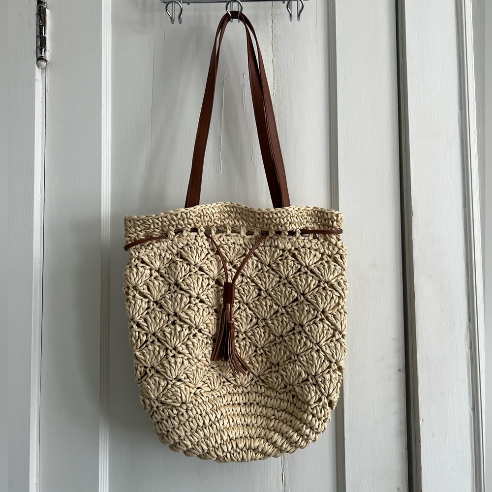 Straw Rattan Shoulder Purse with Vegan Leather Handles